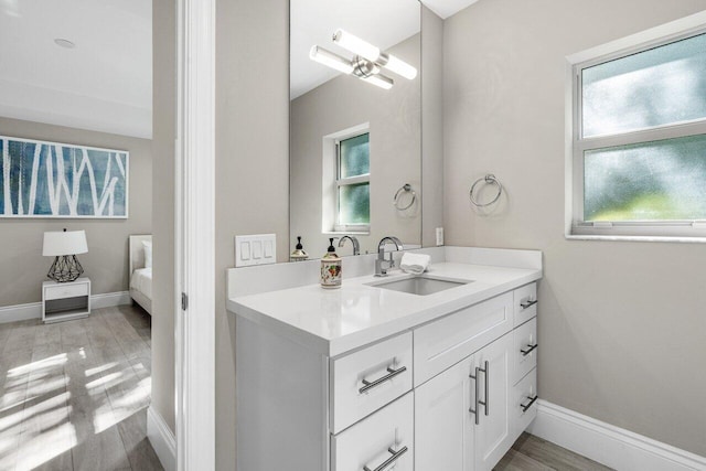 bathroom featuring wood-type flooring, vanity, and a healthy amount of sunlight