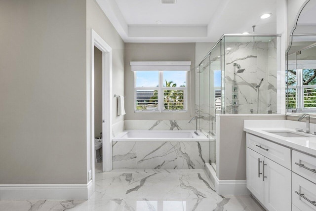 bathroom featuring vanity and plus walk in shower