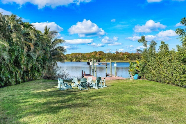 dock area featuring a yard and a water view