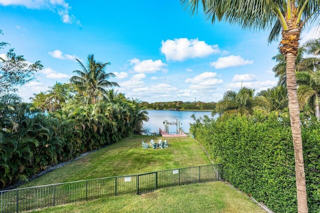 exterior space featuring a water view and a dock