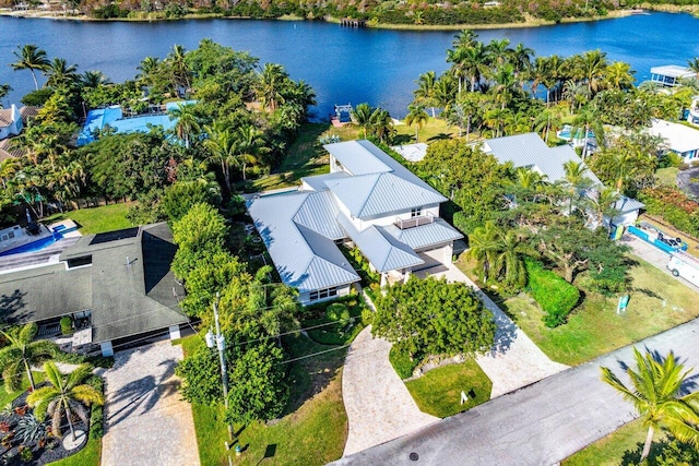 birds eye view of property featuring a water view