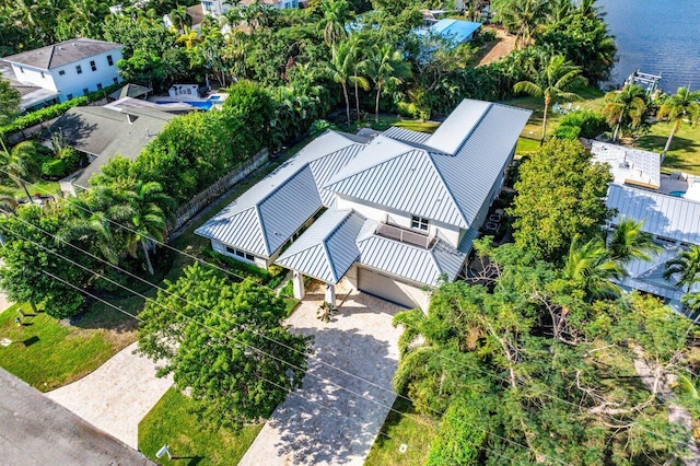 aerial view featuring a water view