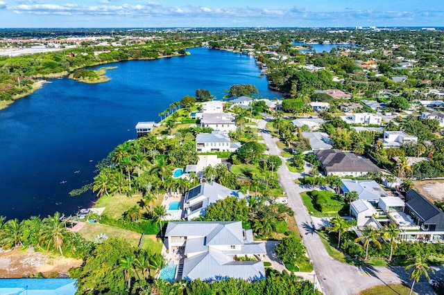 aerial view featuring a water view