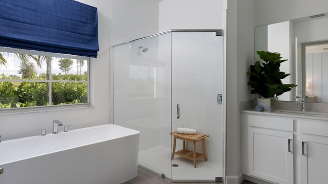 bathroom featuring shower with separate bathtub and vanity