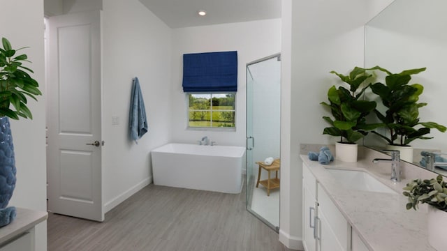 bathroom featuring plus walk in shower, vanity, and wood-type flooring