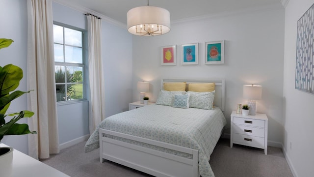 bedroom featuring dark colored carpet and crown molding