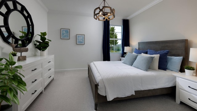 carpeted bedroom with ornamental molding and a notable chandelier