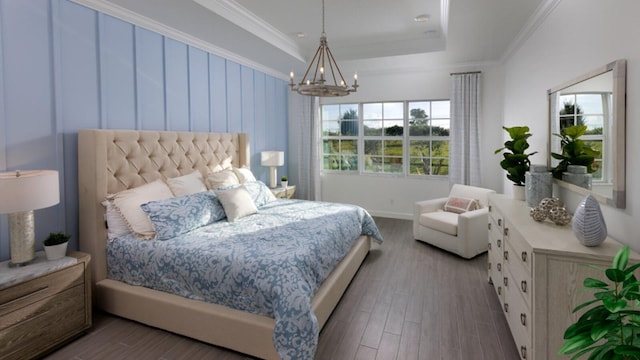 bedroom featuring a chandelier, hardwood / wood-style floors, multiple windows, and crown molding