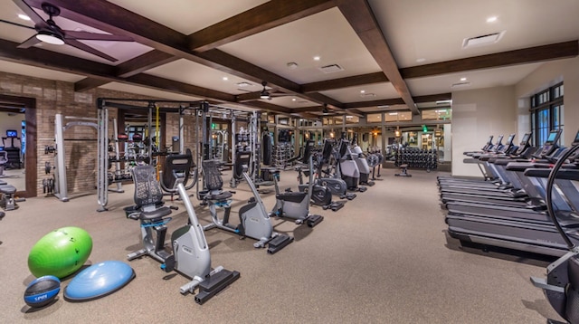 exercise room with ceiling fan, coffered ceiling, and visible vents