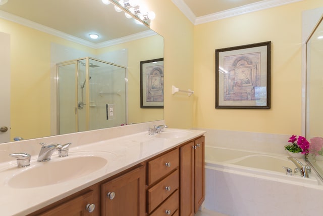 bathroom featuring vanity, shower with separate bathtub, and ornamental molding