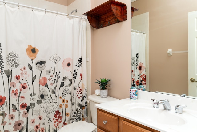 bathroom featuring vanity, a shower with shower curtain, and toilet