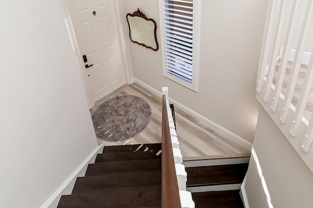 stairway with hardwood / wood-style flooring