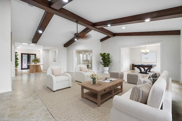 living room with french doors, ceiling fan, vaulted ceiling with beams, and billiards