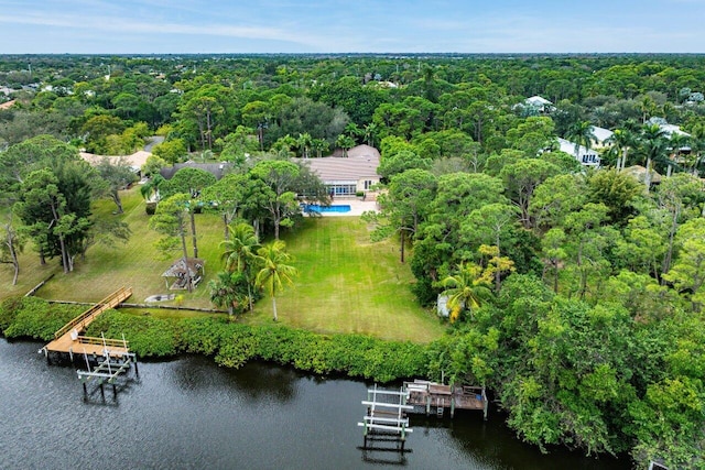 aerial view featuring a water view