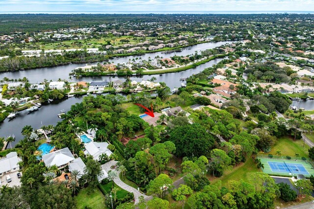 drone / aerial view featuring a water view