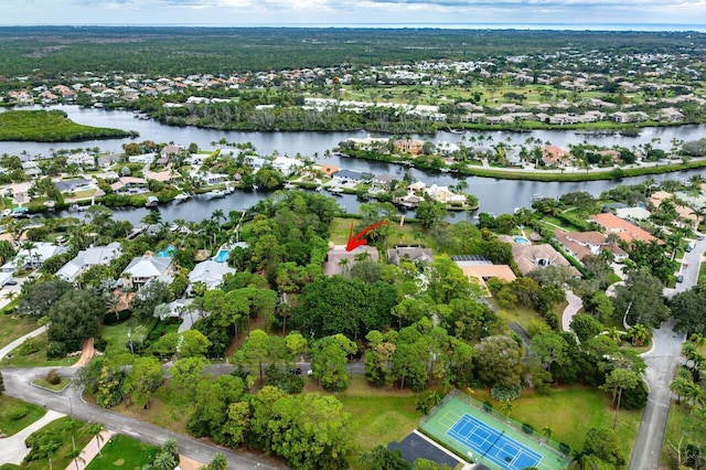 aerial view featuring a water view