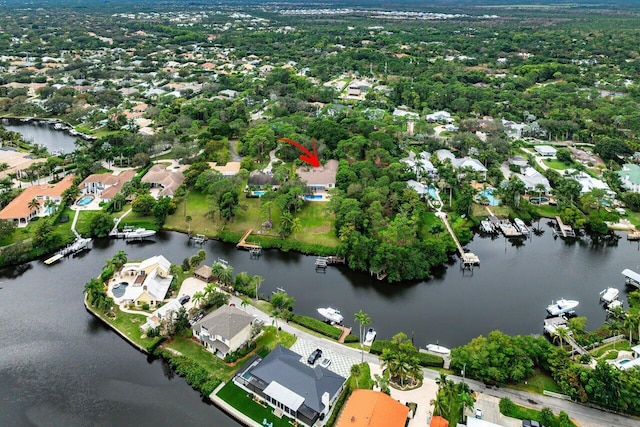 drone / aerial view with a water view