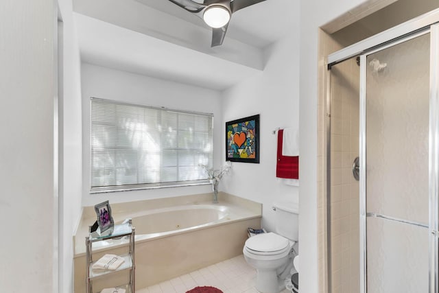 bathroom with tile patterned flooring, ceiling fan, toilet, and independent shower and bath