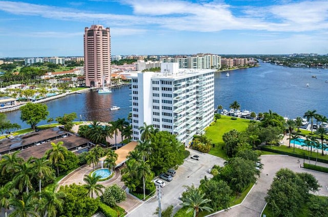 drone / aerial view with a water view