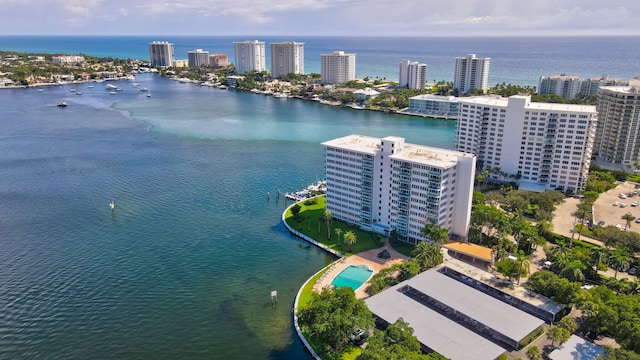 drone / aerial view with a water view