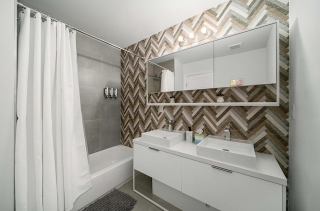 bathroom featuring tile patterned flooring, decorative backsplash, tile walls, and shower / tub combo with curtain