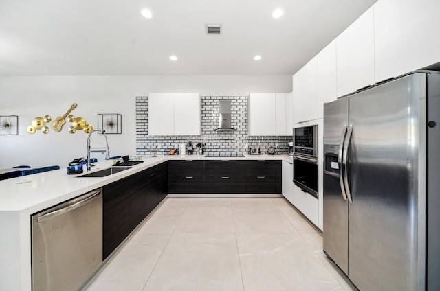 kitchen featuring decorative backsplash, wall chimney exhaust hood, stainless steel appliances, sink, and white cabinetry