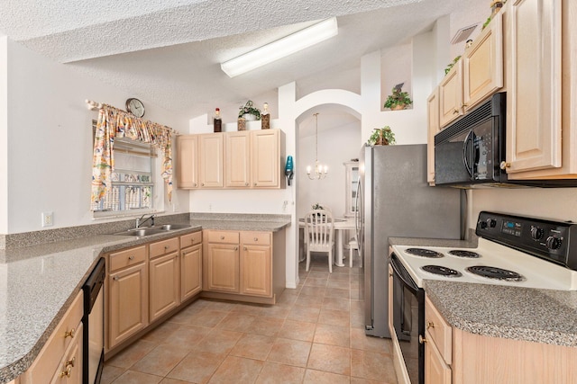 kitchen with light brown cabinets, light tile patterned floors, a textured ceiling, a notable chandelier, and white electric range oven