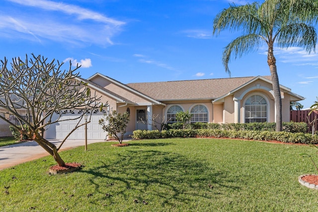 ranch-style home with a garage and a front lawn