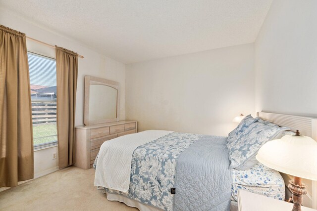 bedroom with light carpet, a textured ceiling, and multiple windows