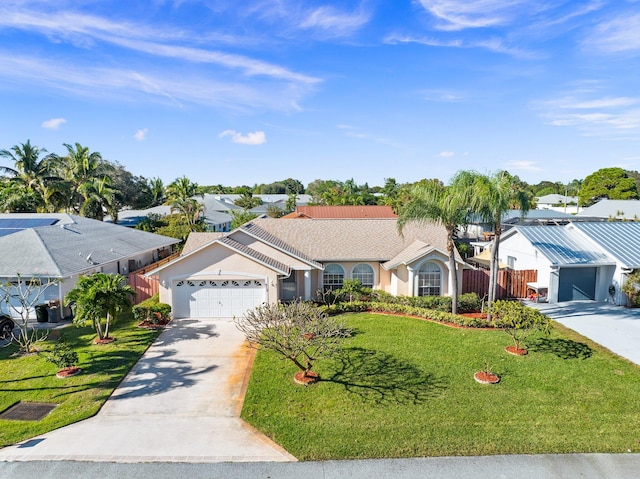 ranch-style home featuring a front yard and a garage