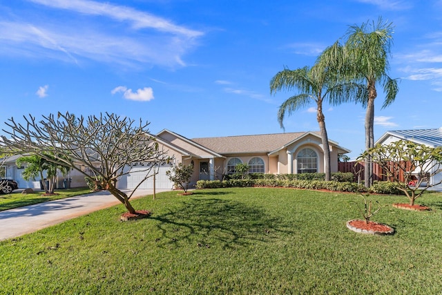 single story home with a garage and a front lawn