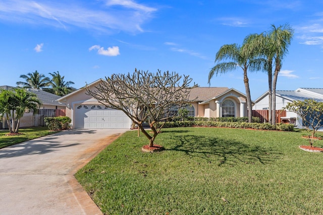 ranch-style home with a garage and a front yard