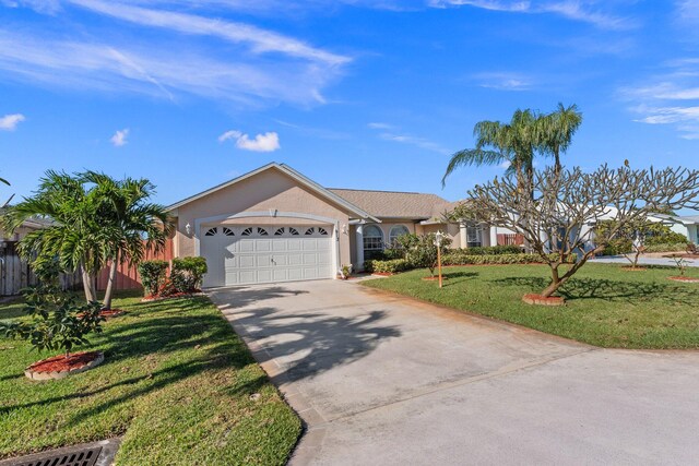 single story home featuring a garage and a front lawn