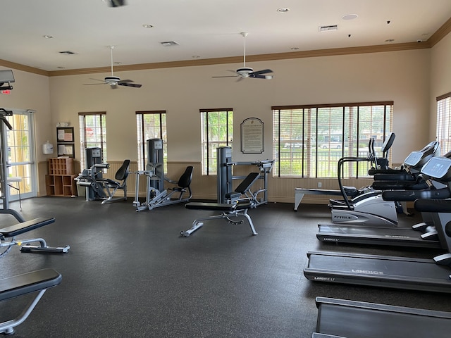 exercise room with ceiling fan, a high ceiling, and crown molding