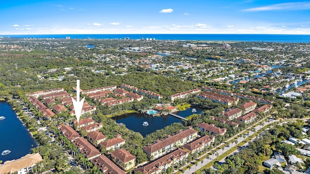 drone / aerial view featuring a water view