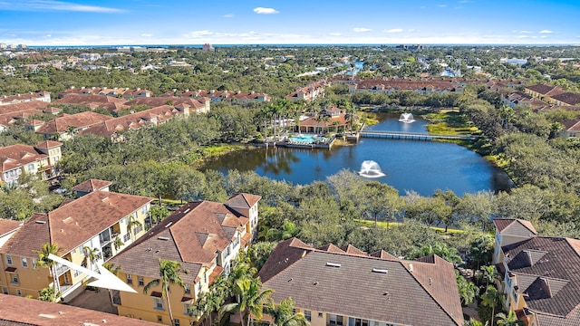 drone / aerial view featuring a water view