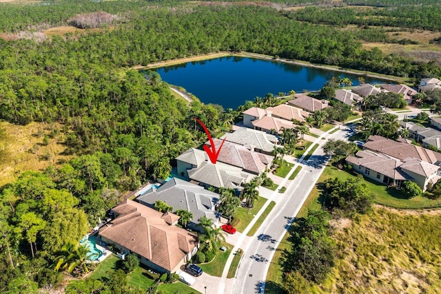 aerial view featuring a water view