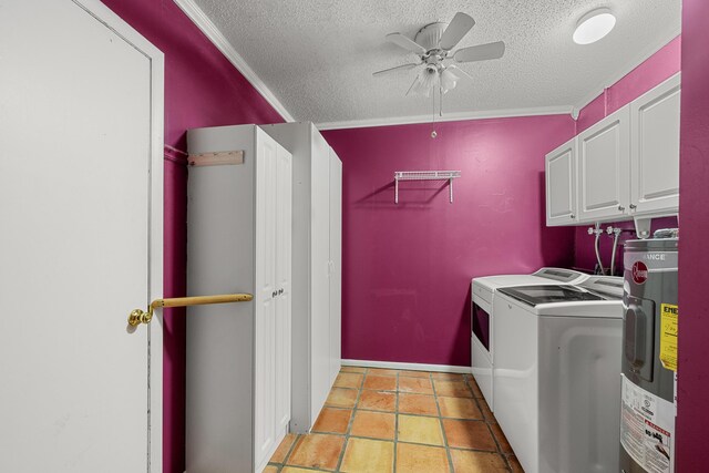 laundry area with water heater, ceiling fan, separate washer and dryer, a textured ceiling, and cabinets