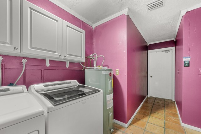 laundry room with a textured ceiling, water heater, washing machine and dryer, cabinets, and ornamental molding