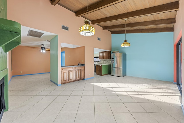 unfurnished living room featuring high vaulted ceiling, ceiling fan, light tile patterned floors, beamed ceiling, and wood ceiling