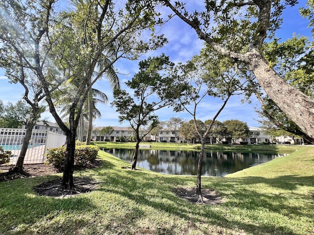 property view of water featuring fence and a residential view