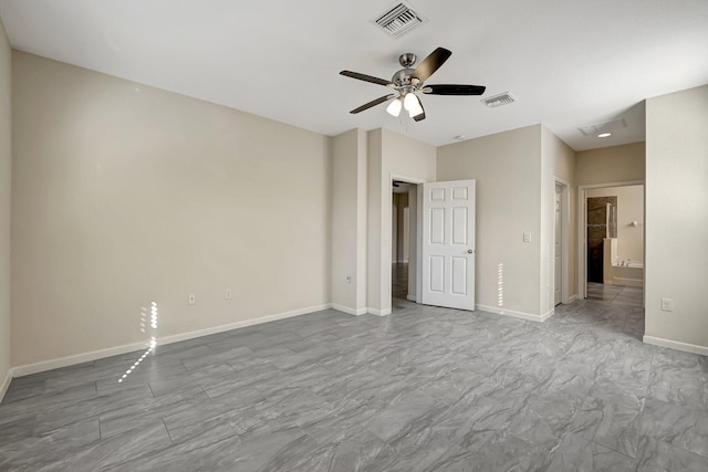 unfurnished bedroom with ensuite bath and ceiling fan