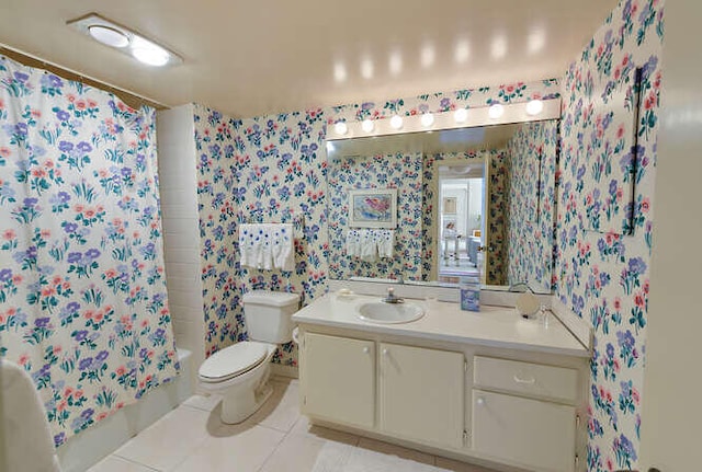 full bathroom with tile patterned floors, vanity, shower / bath combination with curtain, and toilet