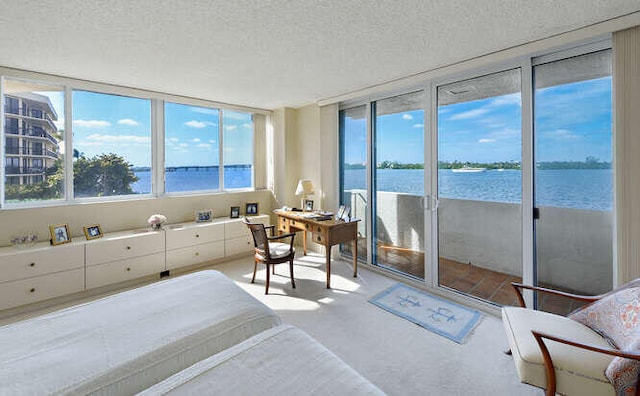 bedroom with access to outside, a water view, and a textured ceiling