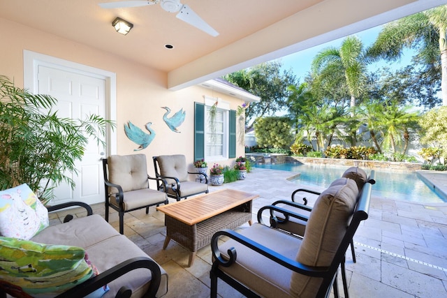 view of patio with ceiling fan and outdoor lounge area