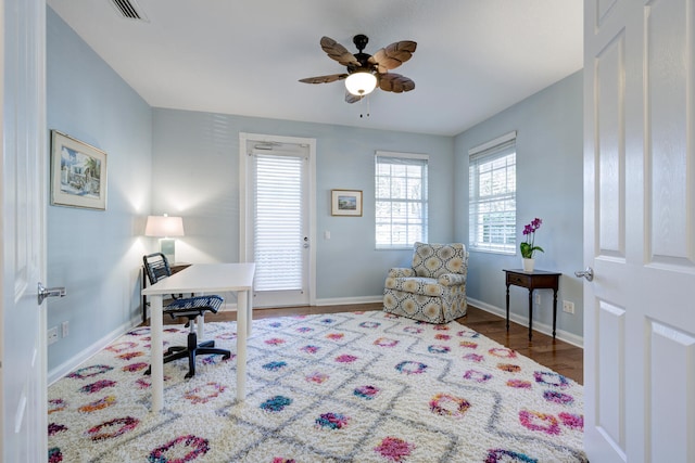 office area featuring hardwood / wood-style flooring and ceiling fan