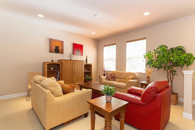 living room featuring light carpet