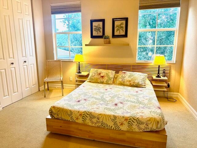 carpeted bedroom with a closet