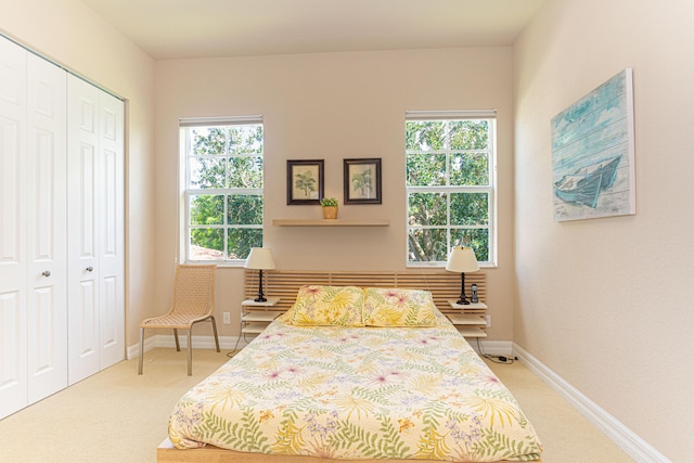 bedroom with a closet, light carpet, and multiple windows