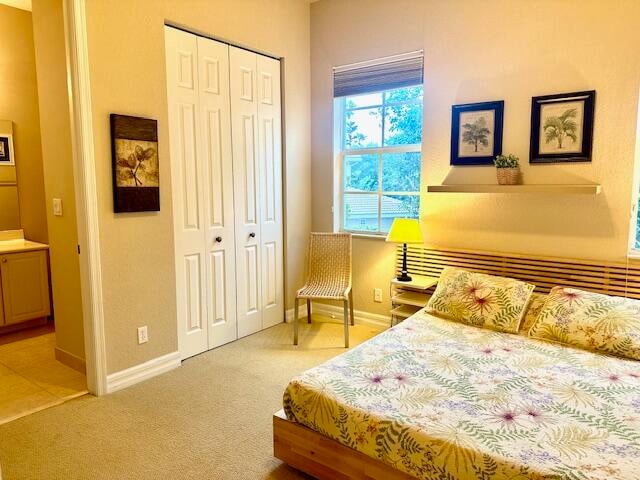 carpeted bedroom with a closet